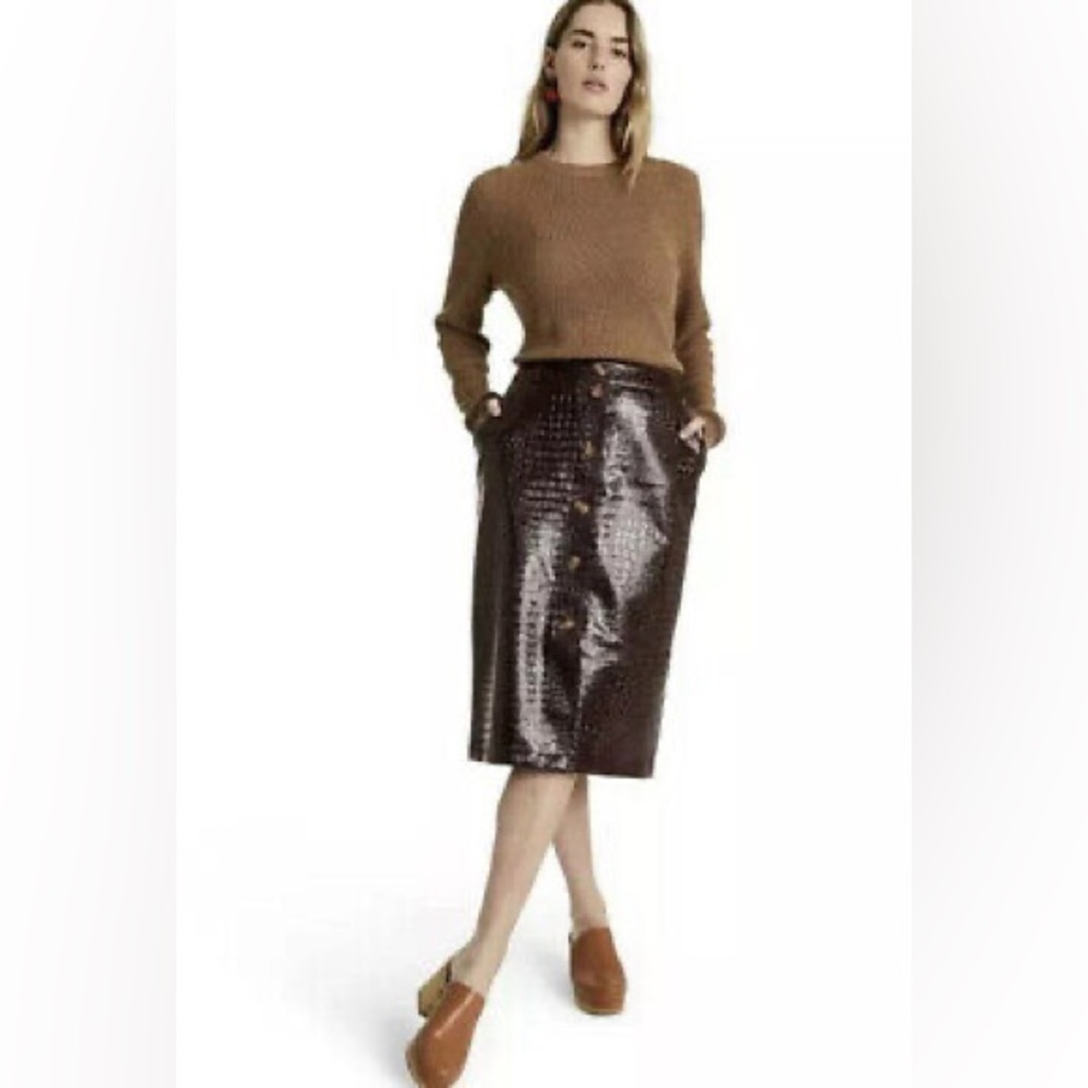 Rachel Comey Glossy Croc-Embossed Dark Brown Pencil Skirt